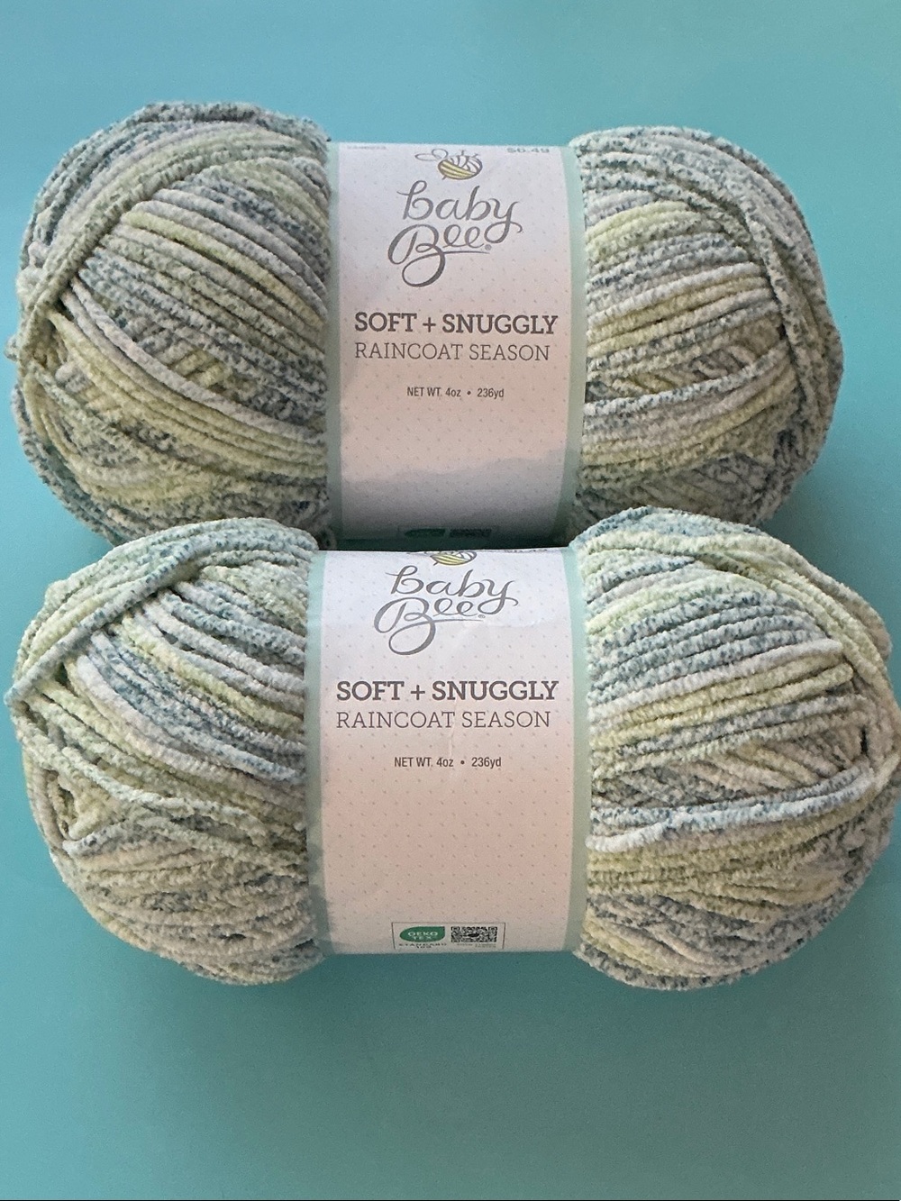 Baby Bee Soft + Snuggly Plush Yarn in Raincoat Season (Pale Blue/Green Blend)